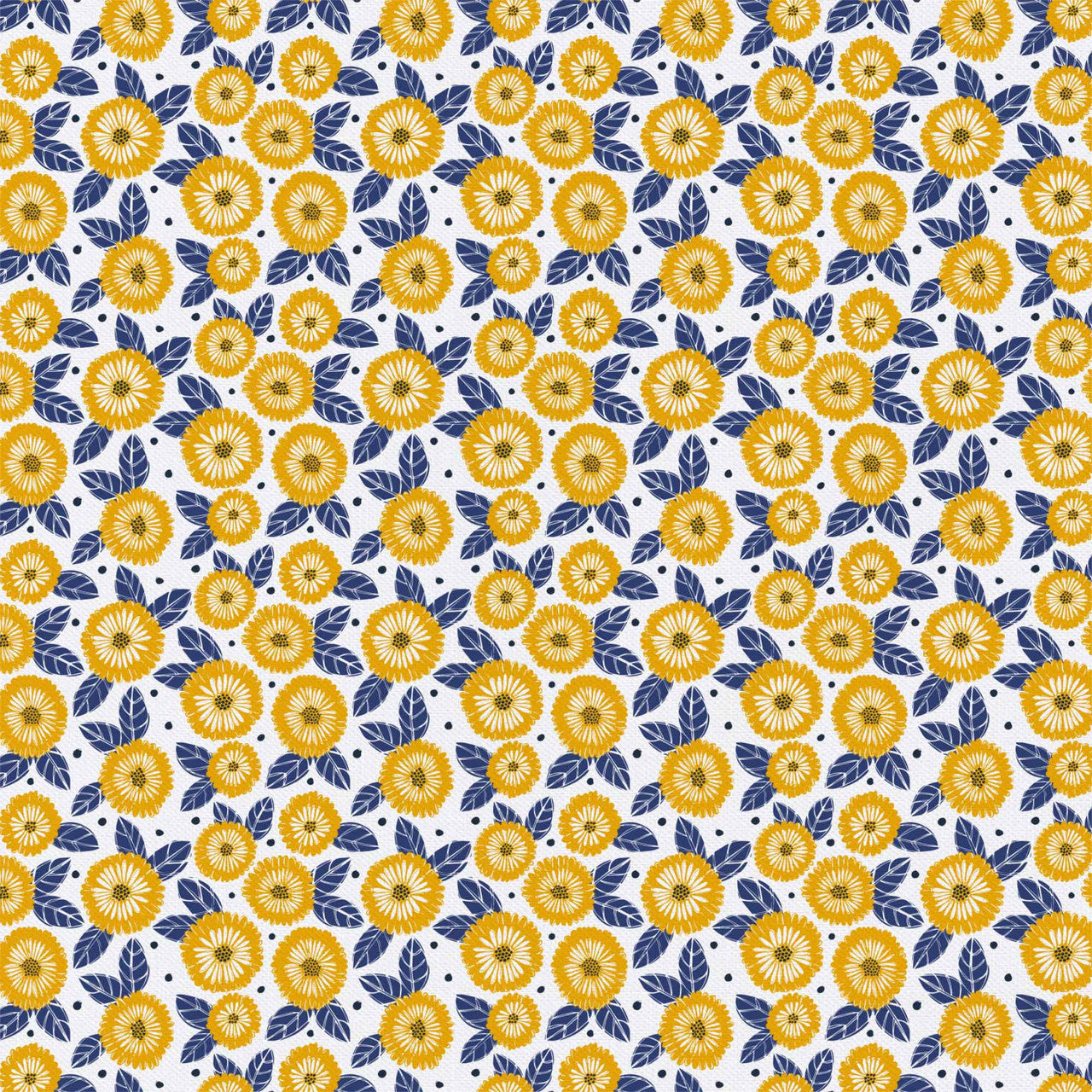 Yellow Marigolds on White w/Navy Leaves