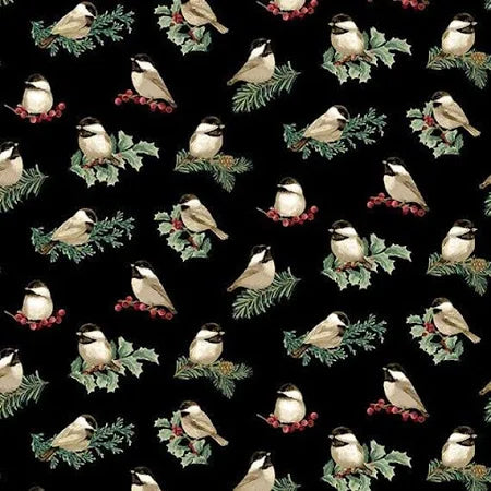 Benartex A Festive Medley Charming Chickadees Black 13182M-12