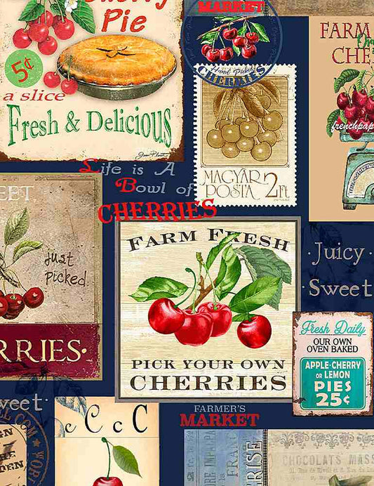 Timeless Treasures Cherry Pie Signs and Pie Stamps Navy CD1541