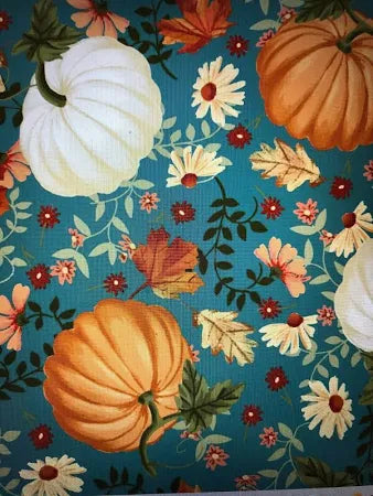 Mook Autumn Pumpkins Leaves and Flowers Teal 116676