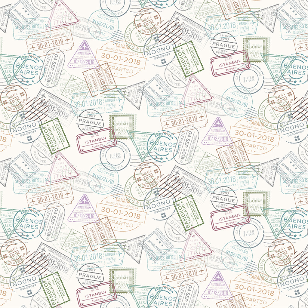 Clothworks Low Key Passport Stamps Multi Pastel