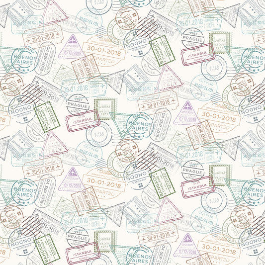 Clothworks Low Key Passport Stamps Multi Pastel