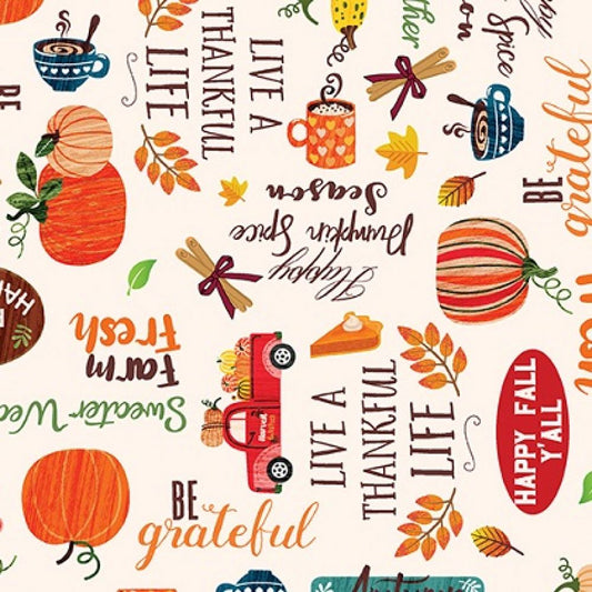 Benartex Hayrides & happiness Autumn Words White 12703-07