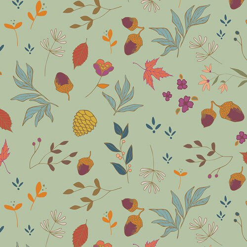 Art Gallery Fabrics Autumn Vibes Acorns and Pinecones Mint Laurel Green