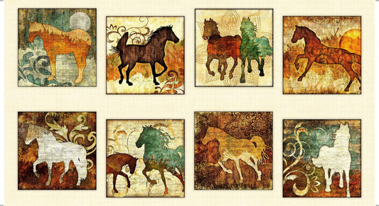 QT Fabrics Unbridled Horse Picture Patches Cream Panel