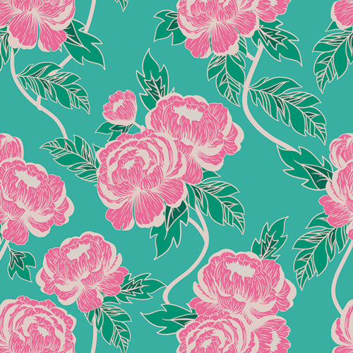 Art Gallery Fabrics Flowerette Flourishing Peonies Pink/Green/ Turquoise FWR-34880