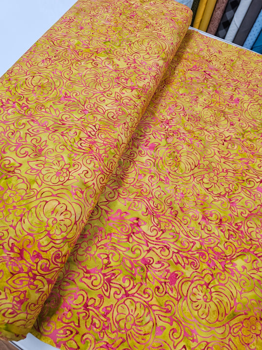 REMNANT:  Island Batik Nautilus Vine Chartreuse 2 YARDS 21 INCHES