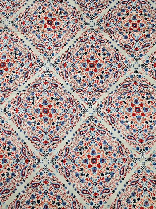 Red White & Blue Floral Tile (1 yard PRE-CUT)