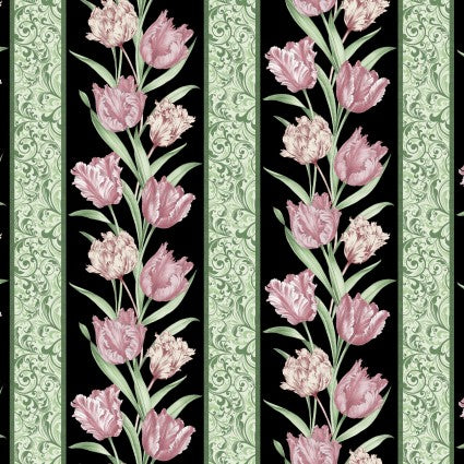 Benartex Evelyn's Etched Tulips Stripe Black 13133-12