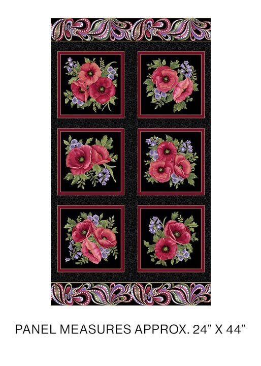 Benartex Amazing Poppies Poppies in Blocks on Black Panel