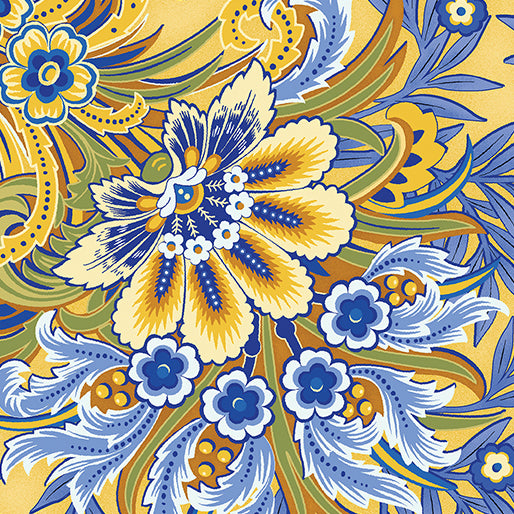 Benartex Flower Festival Plumes Navy Blue Yellow 3022-53