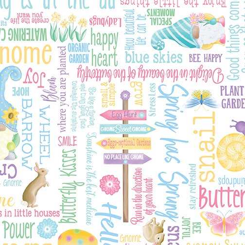 Benartex Spring Garden Gnomes Spring Garden Words White 12628-09