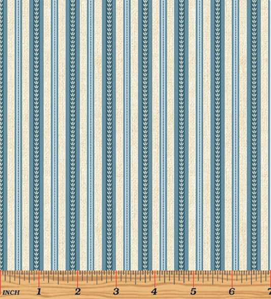 Benartex Garden Happy Stripe in Blue Cream 9428