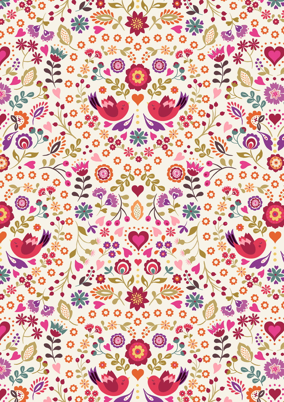 Lewis & Irene Little Matryoshka Little Bird Floral Heart on Cream A570-1