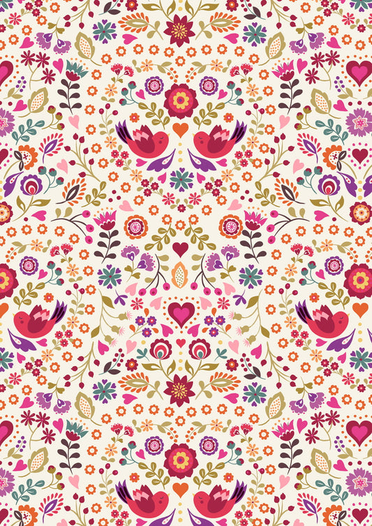 Lewis & Irene Little Matryoshka Little Bird Floral Heart on Cream A570-1