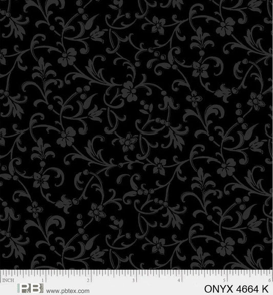 P&B Textiles Onyx Black Texture Floral Scrolls 4664K