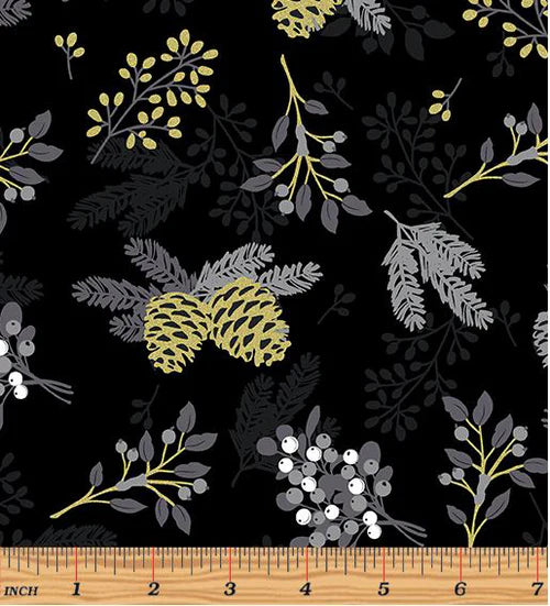 Benartex Holiday Sparkle Pinecones & Berries Black 12526M-12