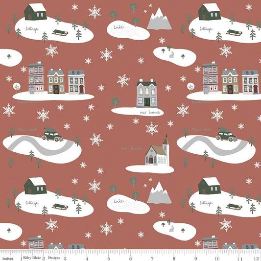 Riley Blake Warm Wishes Main C10780 Redwood Christmas Winter Village Snowflakes Buildings