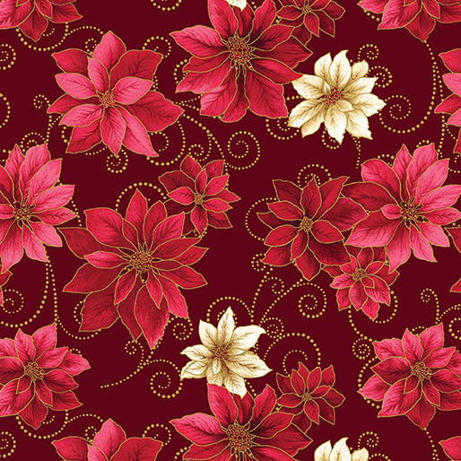 Benartex A Festive Medley Poinsettia Scroll in Red 13186M