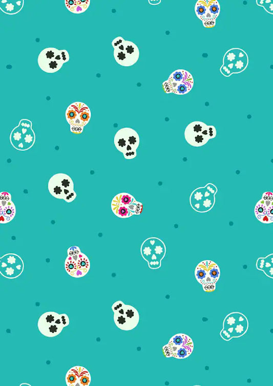 Lewis & Irene Small Things Glow Fabric SM40 Skulls Teal