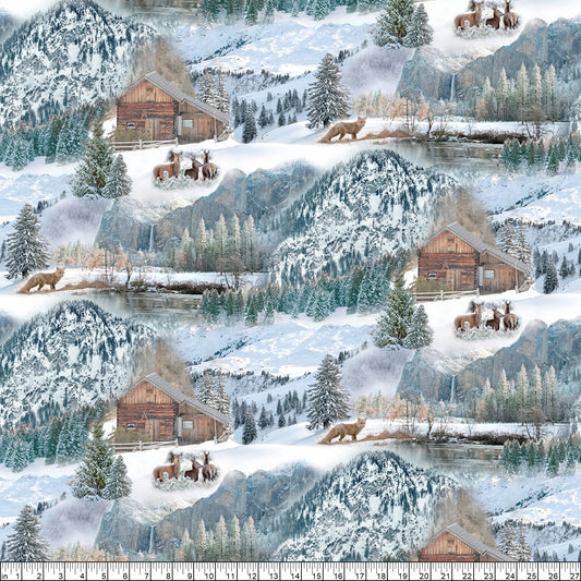 Timeless Treasures Cabin On A Snowy Mountain with Deer and Fox WINTER-CD1644