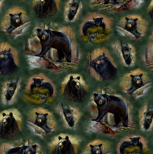 QT Fabrics Timberland Bears Bear Vignettes on Green
