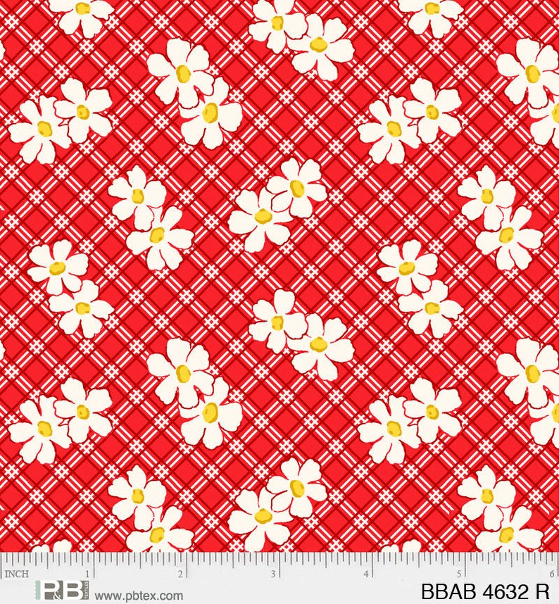 P&B Textiles Beach Baby by Retro Vintage White Flowers Geometric Red Background 04632