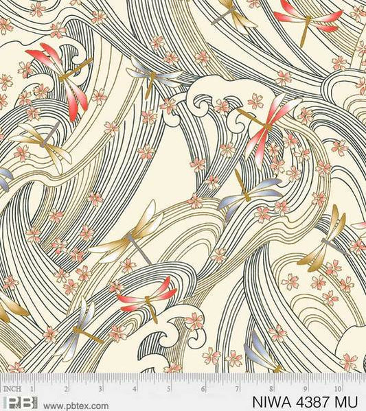 P&B Textiles Niwa Dragonflies Metallic on Cream 04387