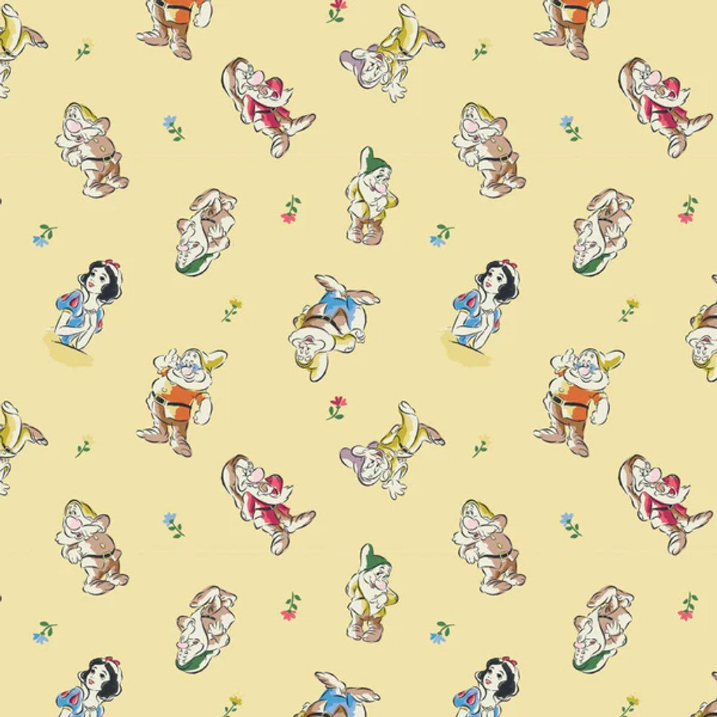 Camelot Fabrics Snow White Cast Toss 85102004-01 Yellow 7 Dwarfs Disney