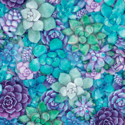 QT Fabrics Dan Morris Blossoms Mixed Succulents Blue 29948B