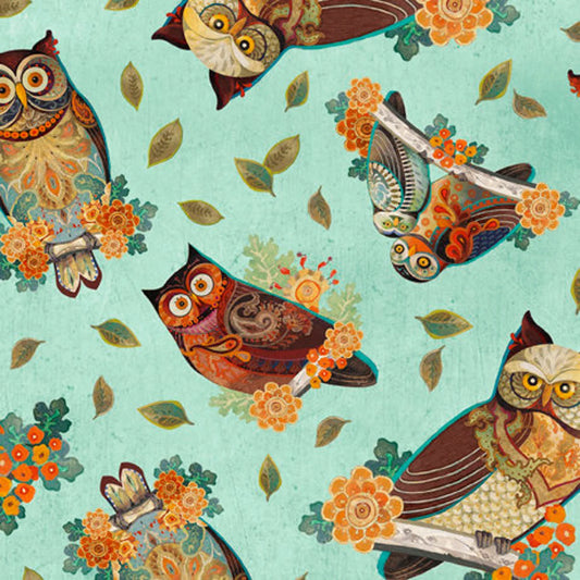 QT Fabrics 28583 -Q Owl Arabesque Tossed Owls and Leaves