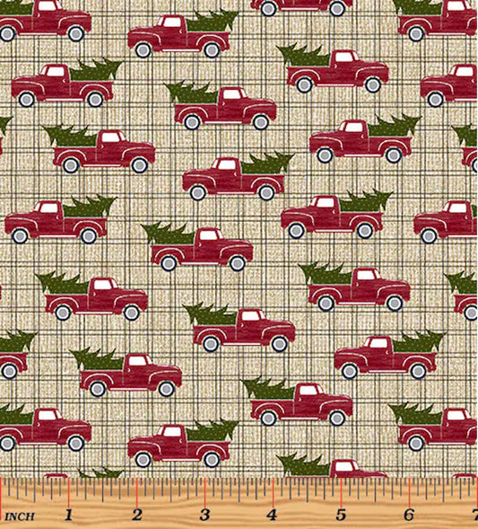 Benartex A Jingle Bell Christmas Red Truck on Plaid Beige