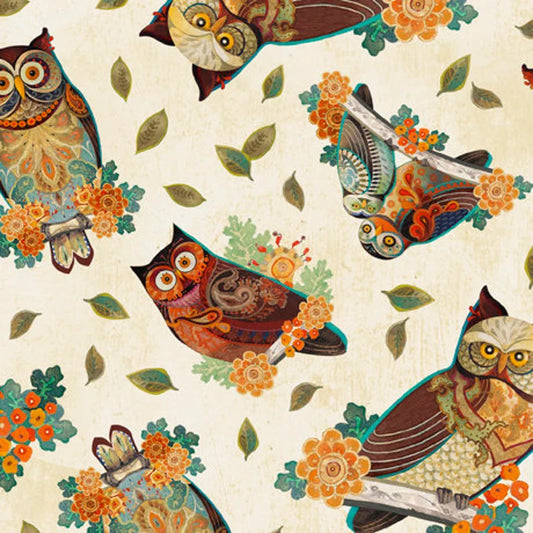 QT Fabrics Owl Arabesque Tossed Owls and Leaves Cream