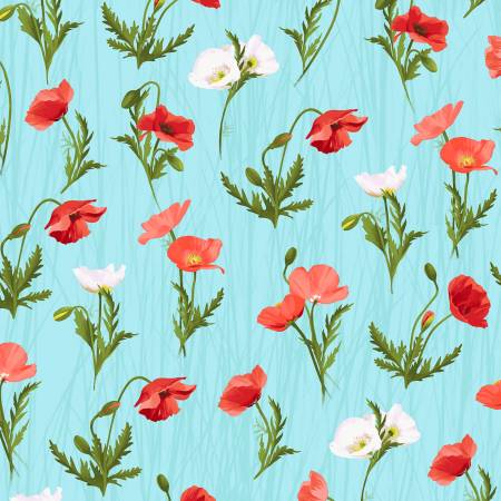 Clothworks Positively Poppies on Light Blue Aqua