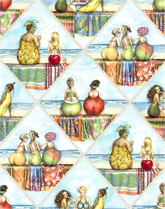 Elizabeth's Studio Fruit Ladies Diamond Patchwork 1517-BLUE