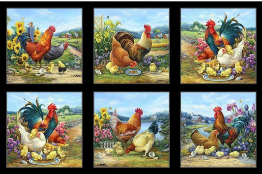 Elizabeth's Studio Joyful Countryside Chickens 24" Panel Black