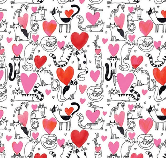Benartex Purrfect Cats Hearts and Cats on White