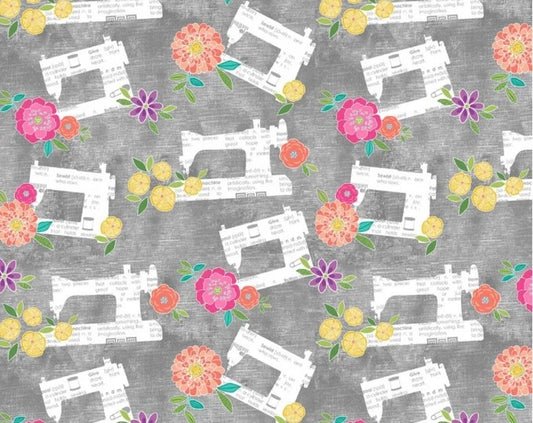 Benartex Sew Bloom Bind With Dreams Floral & Text Sewing Machines Grey 13085-13