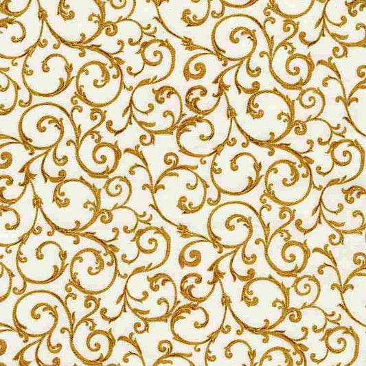 Timeless Treasures Fleur Metallic Gold Scrolls Cream