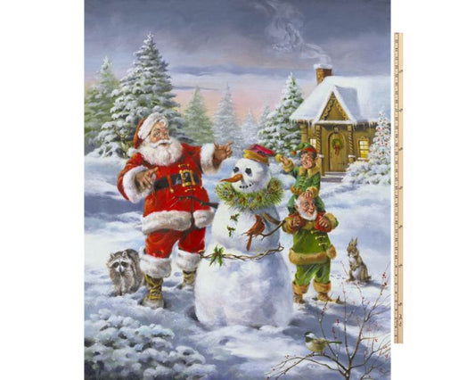 David Textiles Panel Santa, Snowman, and Elves Christmas