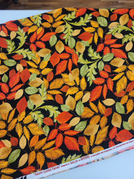 Benartex Flannel Autumn Comfort Falling Leaves in Black 12736F