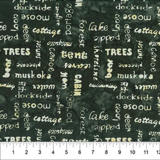 Banyan Batiks Canoe Lake Words Dark Green BATIK